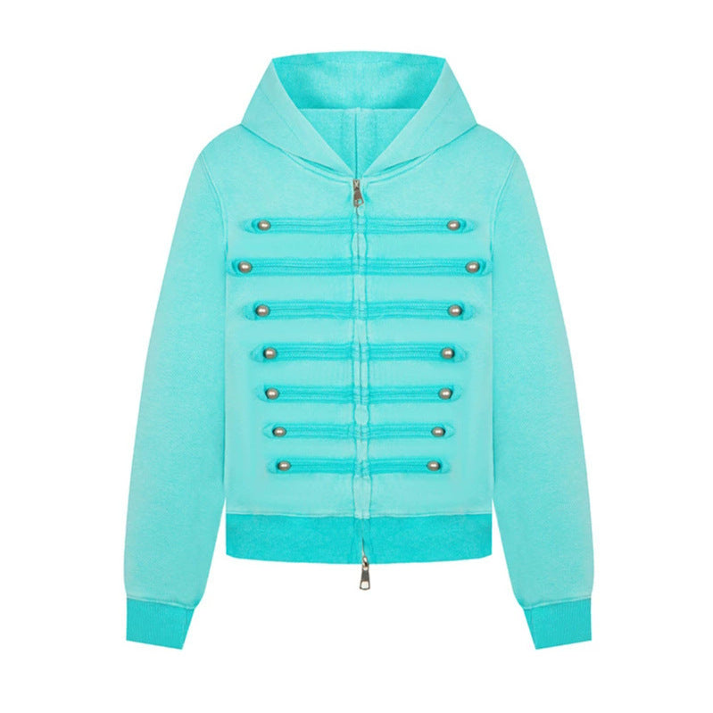 Ladies hooded sweat jacket in military style with decorative cords and metal buttons Chichicherry