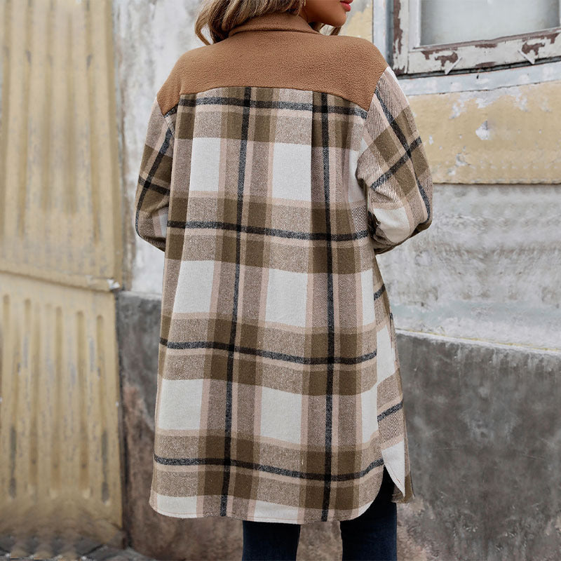Women's long overshirt jacket in checkered flannel look with patch pockets Chichicherry