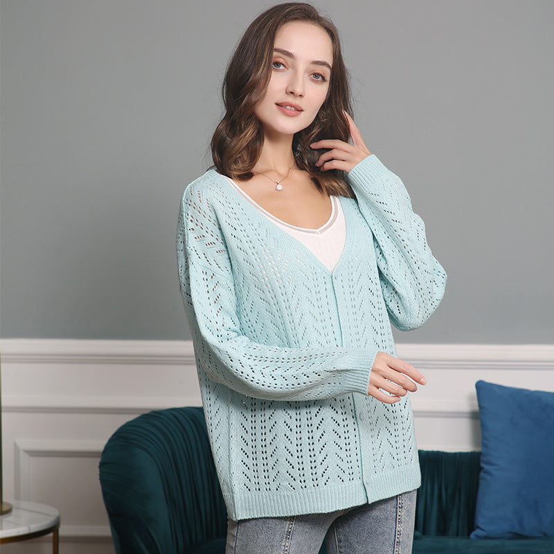 Women's Lightweight Lace Knit Cardigan with Deep V-Neck and Button Placket Chichicherry