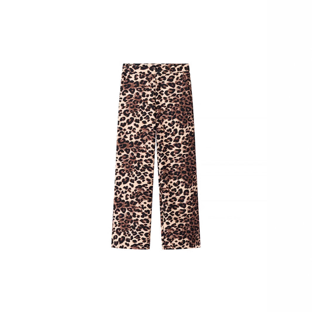 Ladies Wide High-Waist Palazzo Pants with Leopard Print and Flowing Fall Chichicherry