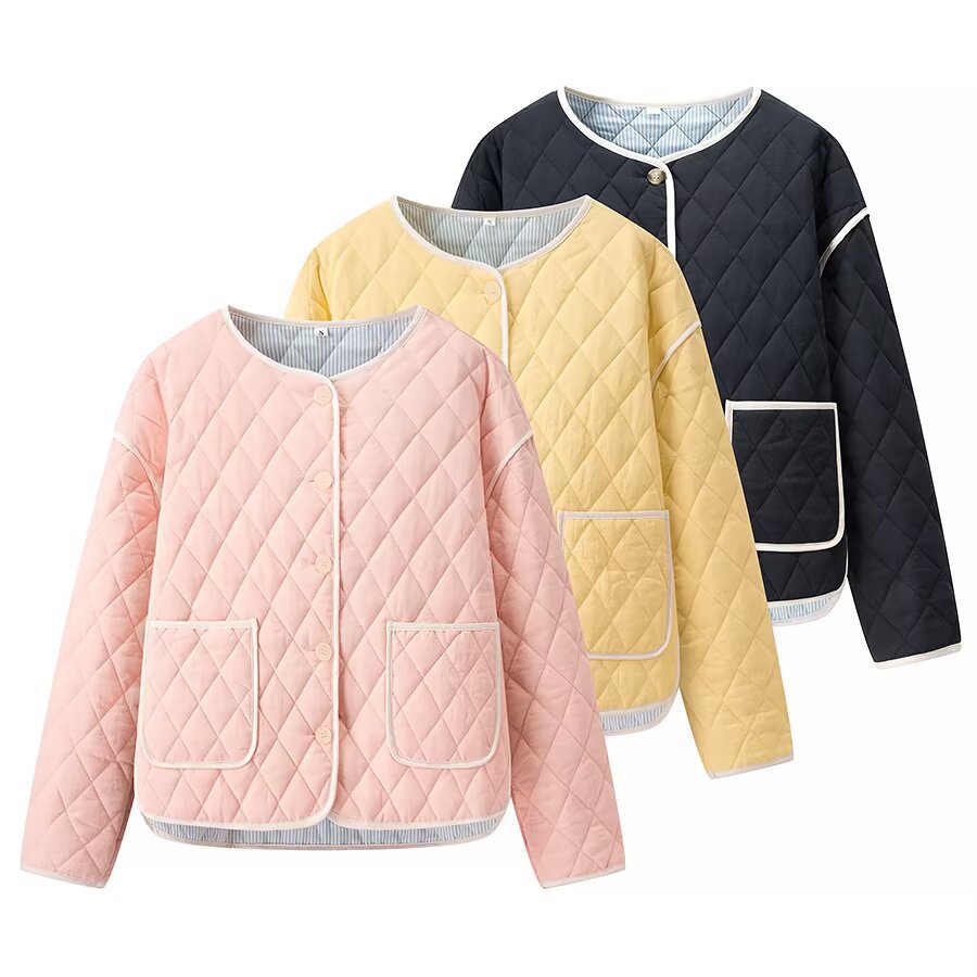Women's quilted short jacket with diamond quilting, contrasting piping, and rounded hem Chichicherry