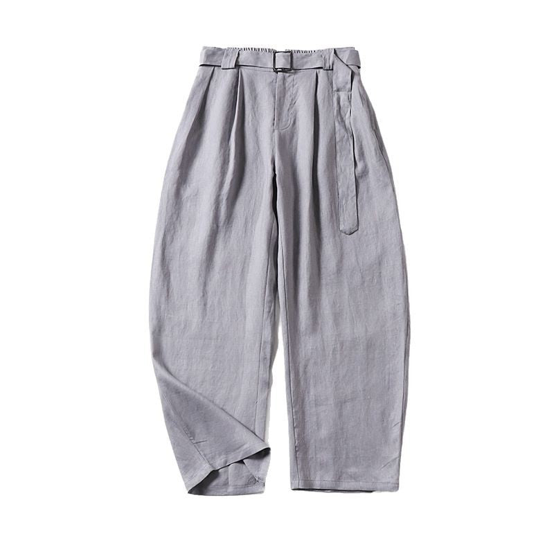 Women's High-Waisted Linen-Cotton Pleated Trousers with Tied Belt and Tapered Leg Chichicherry