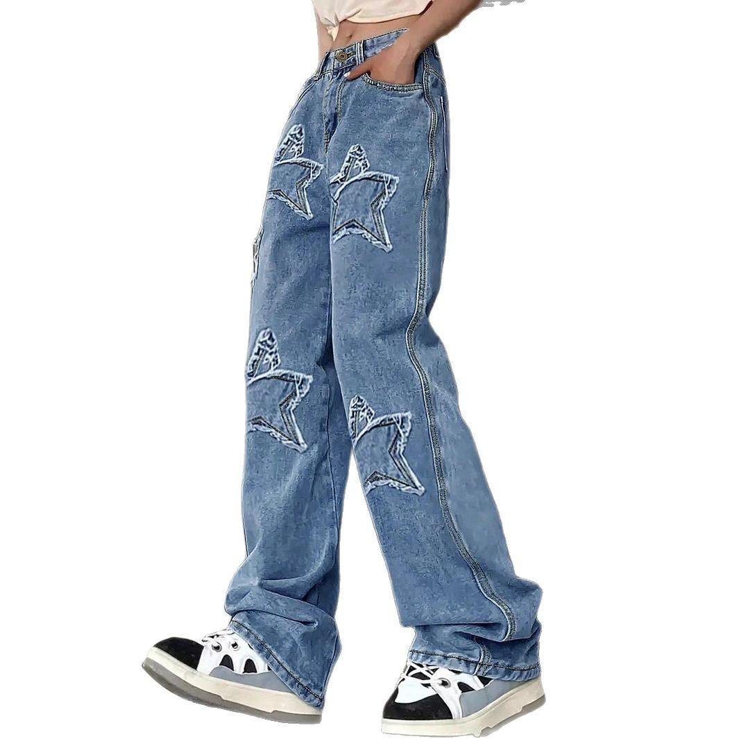 Women's extra-wide baggy jeans made of lightweight denim with star appliqués and extended silhouette Chichicherry