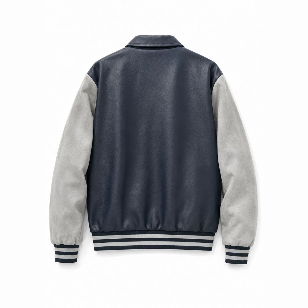 Men's varsity bomber jacket in collegiate style with faux leather body, suede look sleeves and embroidered patches Chichicherry
