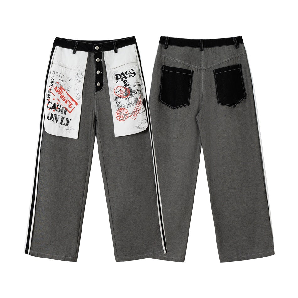 Women's Wide-Leg Cargo Jeans with Applied Graphic Patches and Contrast Stripes Chichicherry