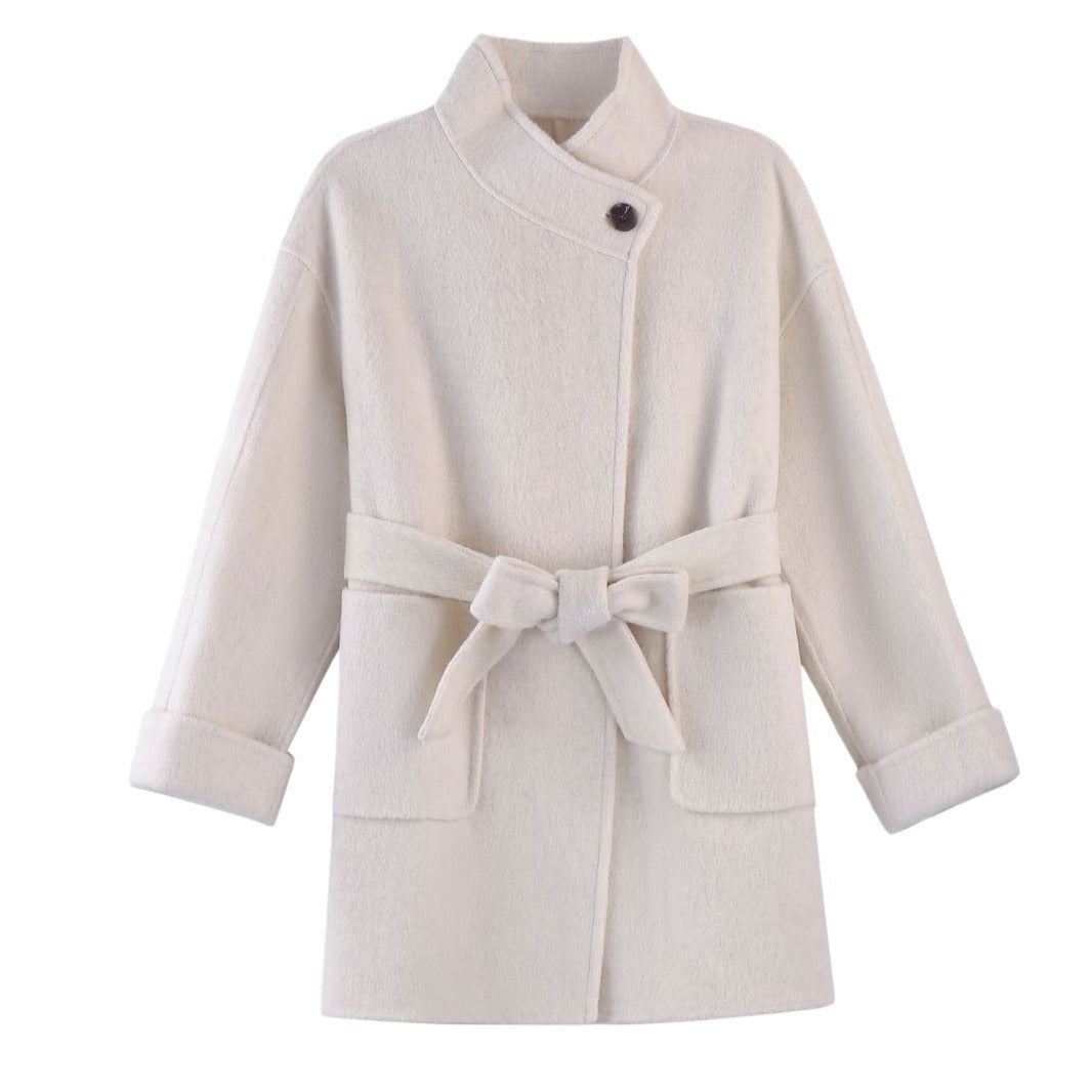 Women's Short Wrap Wool Coat with High Button Placket and Patch Pockets Chichicherry