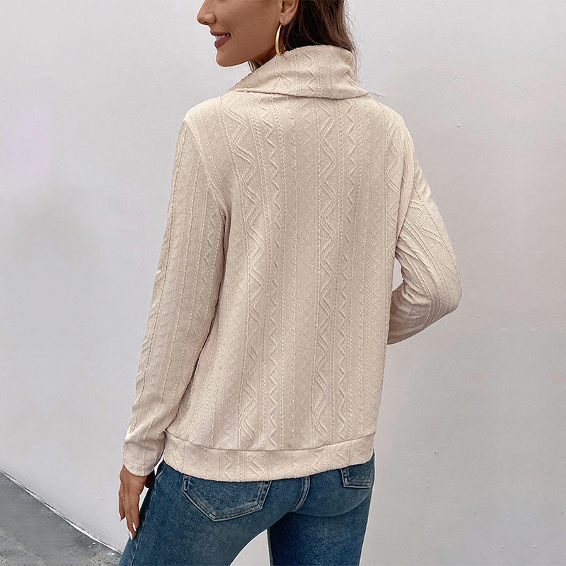 Ladies fine knit cowl neck pullover with drawstring and cable knit detail Chichicherry