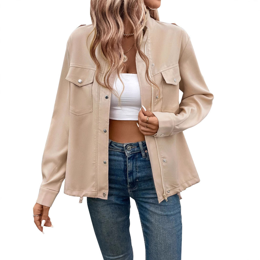 Women's Oversized Shirt Jacket with Snap Front, Chest Flaps, and Drawstring Hem Chichicherry