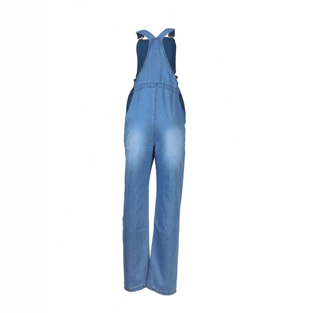 Women's Casual Denim Overall with Drawstring Waist and Patch Pockets Chichicherry