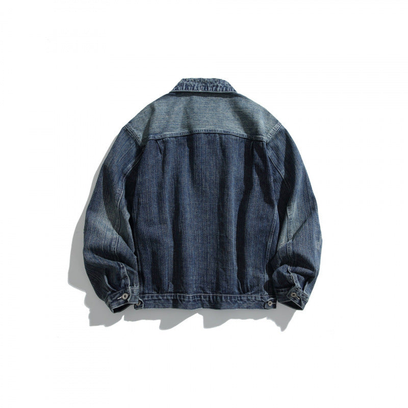 Men's Oversize Vintage Denim Jacket with Used Effect and Chest Pockets Chichicherry