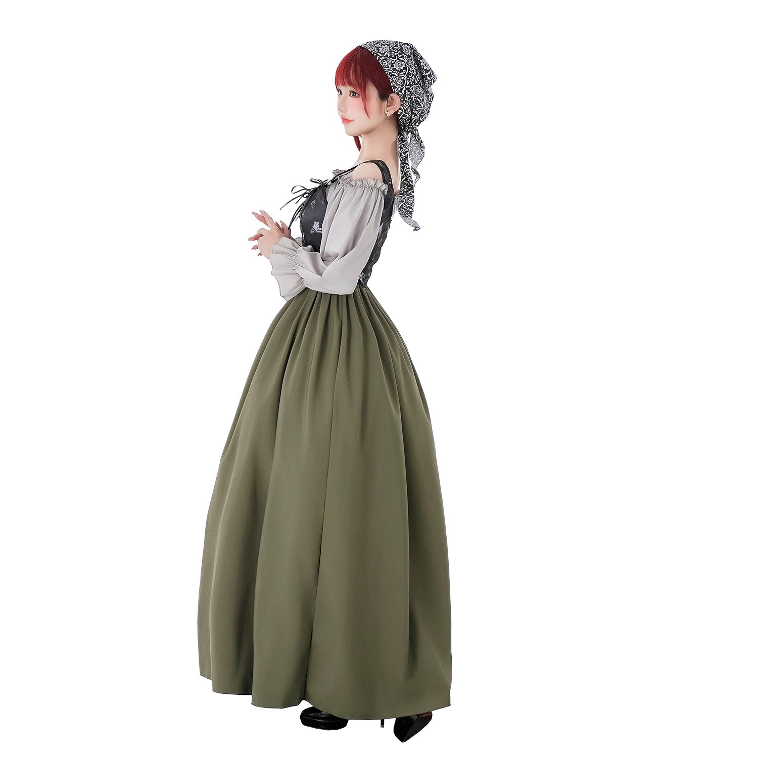 Women Vintage Party Dress with Romantic Ruffle Details and Puff Sleeves Chichicherry