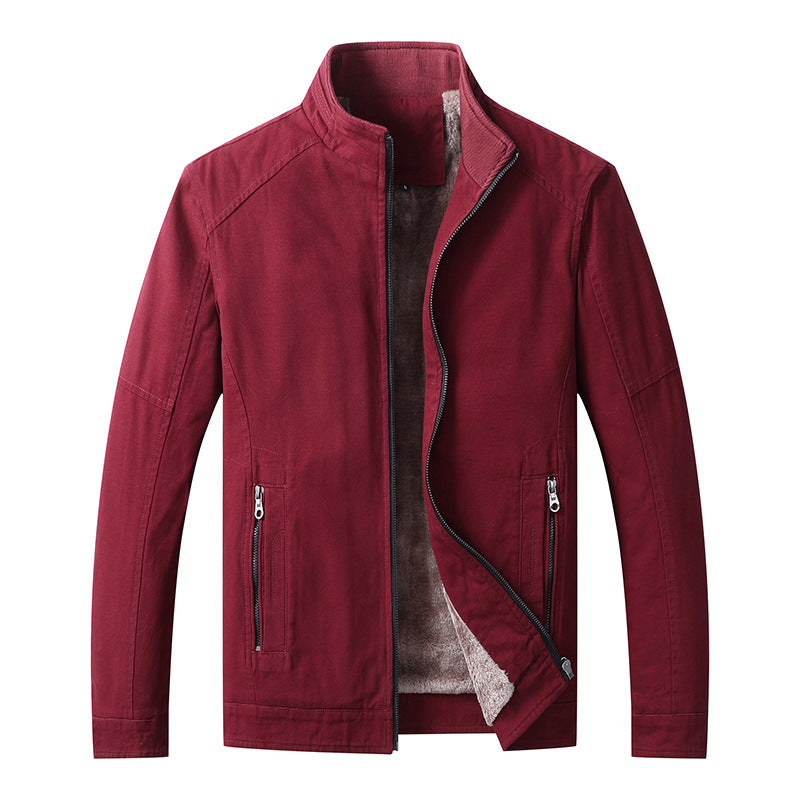 Men's Canvas Field Jacket with Teddy Fleece Lining, Stand Collar and Zipper Chichicherry