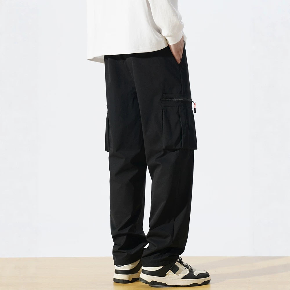 Men's Loose Fit Utility Cargo Pants with Drawstring Waist, Zipper Leg Pockets & Straight Leg Chichicherry