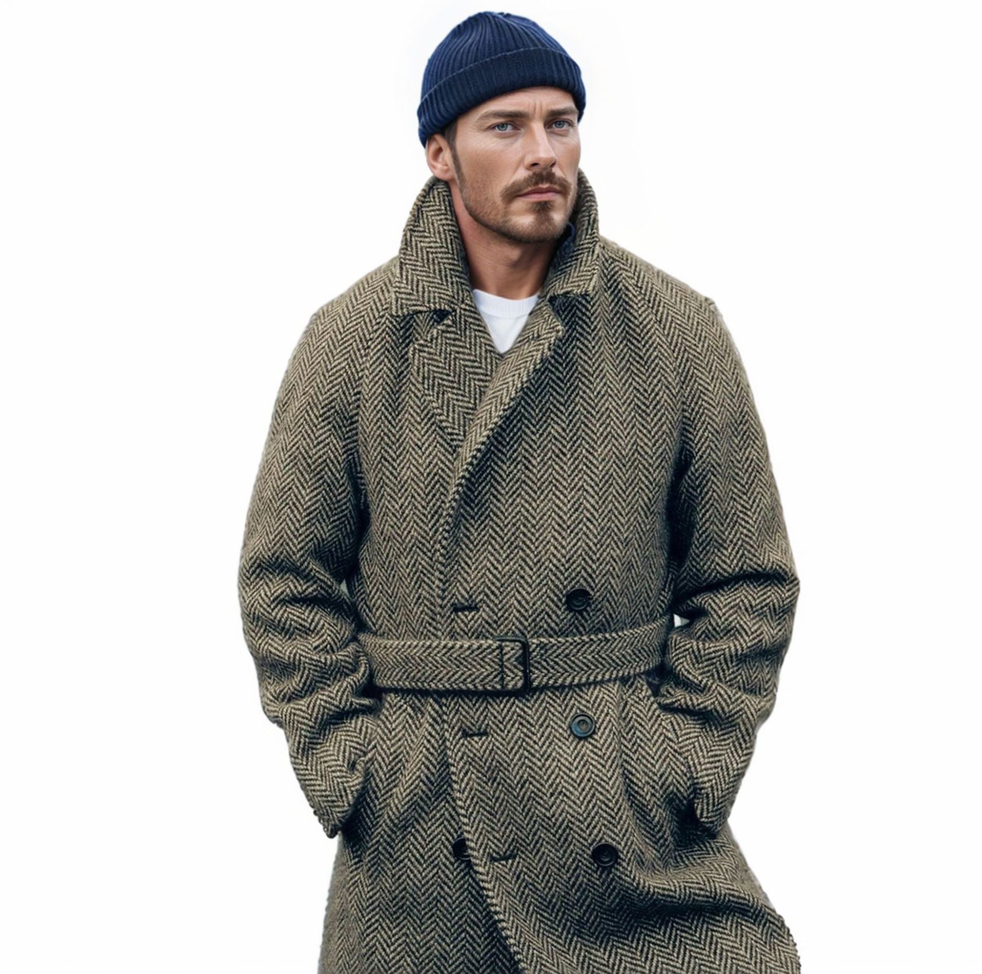 Men's Double-Breasted Wool Blend Coat with Herringbone Pattern and Waist Belt Chichicherry