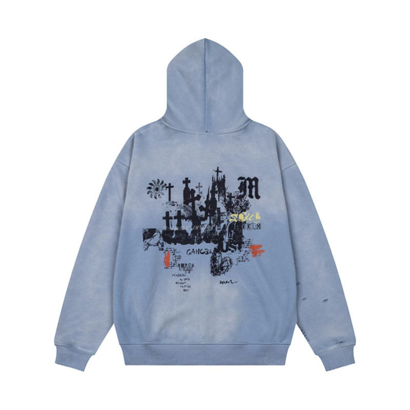 Unisex Oversize Hoodie with Zipper, Used Effect, Vintage Print and Kangaroo Pockets Chichicherry