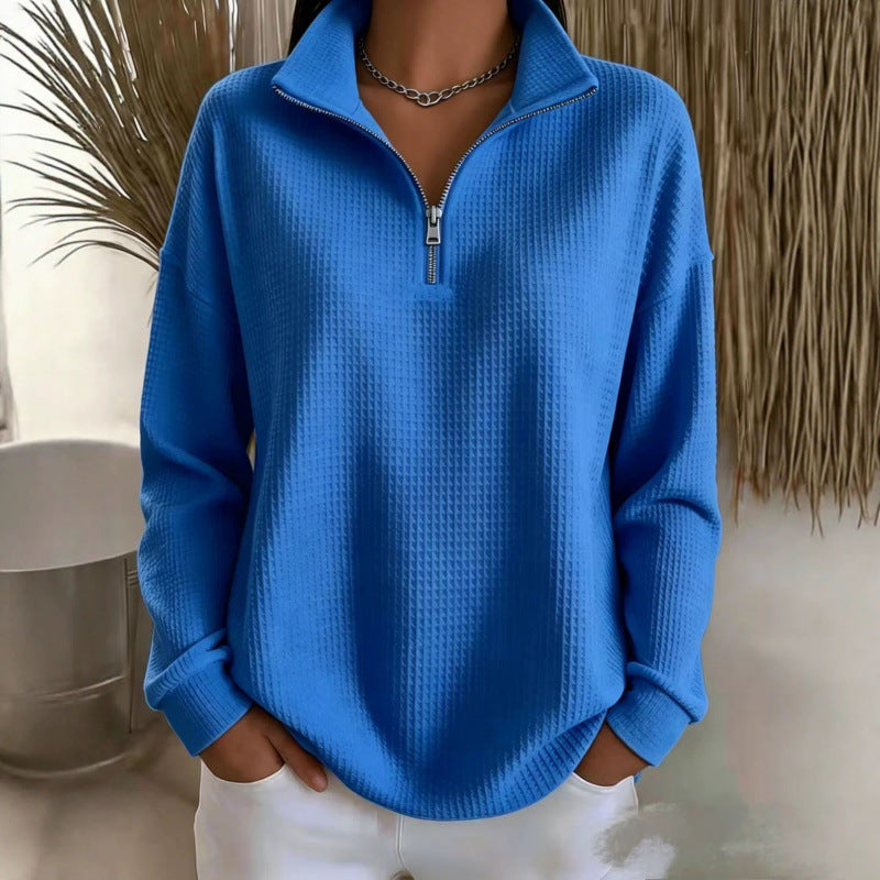 Women's Waffle Knit Sweatshirt with Half Zip and Stand Collar Chichicherry