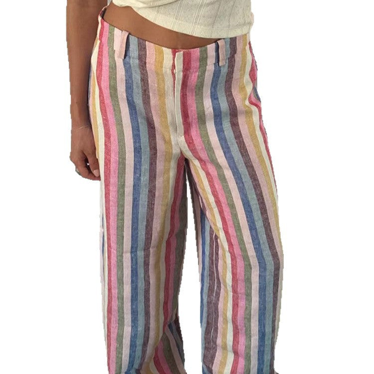 Women’s linen pants with wide leg, high waist & colorful striped pattern Chichicherry