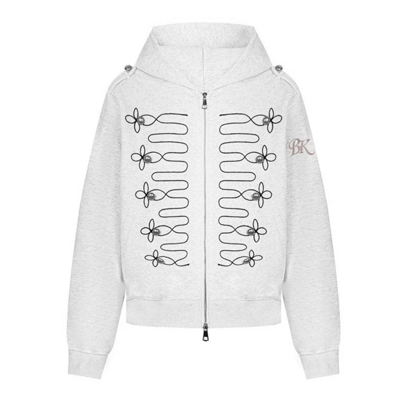 Women's hooded sweatshirt jacket with decorative frogging embroidery and pearl buttons Chichicherry