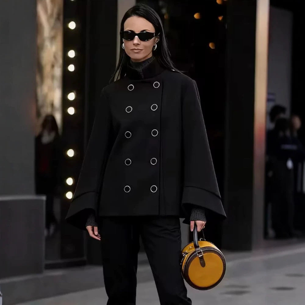 Women Short Cut Double Breasted Jacket with Stand-Up Collar, Eyelet Detail and Wide Cuffs Chichicherry