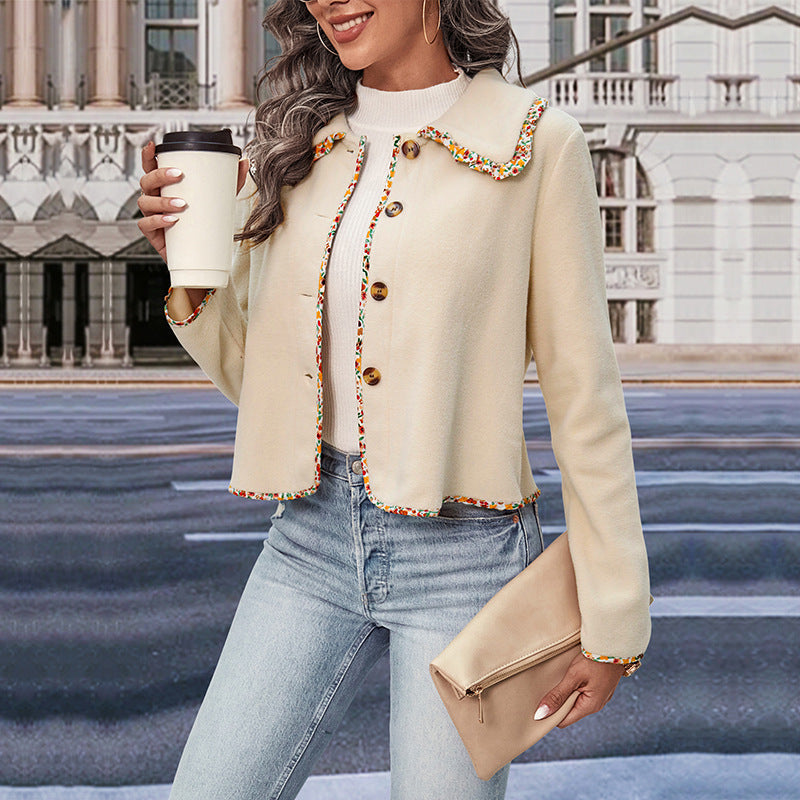 Women's short jacket with Peter Pan collar and floral trim decoration Chichicherry
