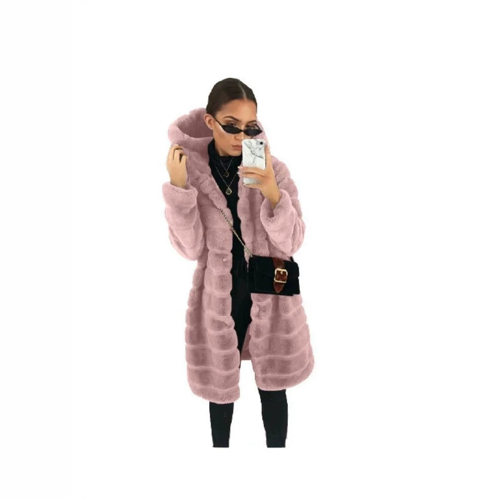 Women's Hooded Faux Fur Coat with Quilted Panel Structure Chichicherry