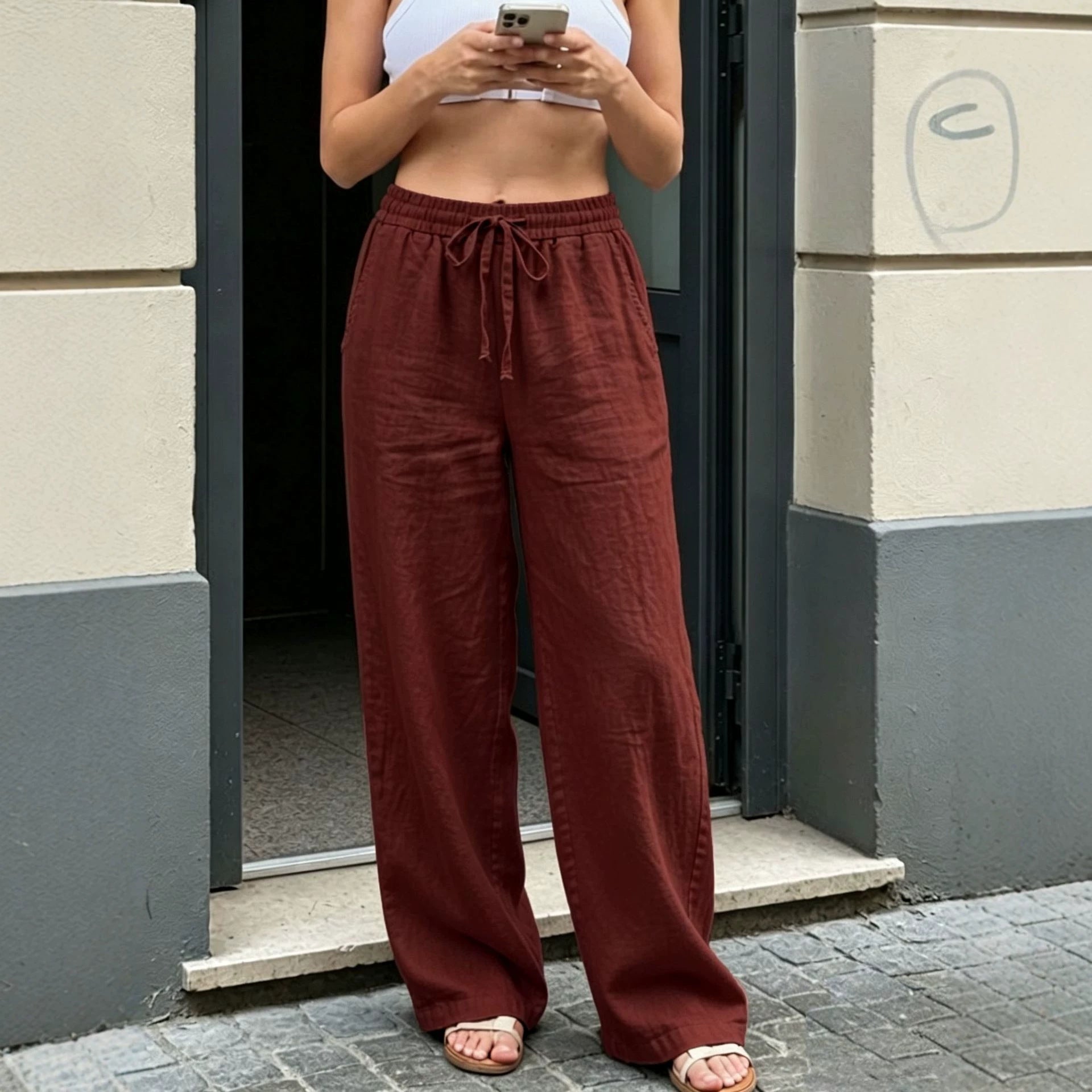 Women Wide Linen Look Pants with Elastic Waistband, Drawstring and Side Pockets Chichicherry