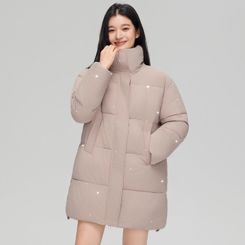 Women’s mid-length quilted short coat with high stand-up collar, subtle glitter quilting, and light thermal insulation Chichicherry