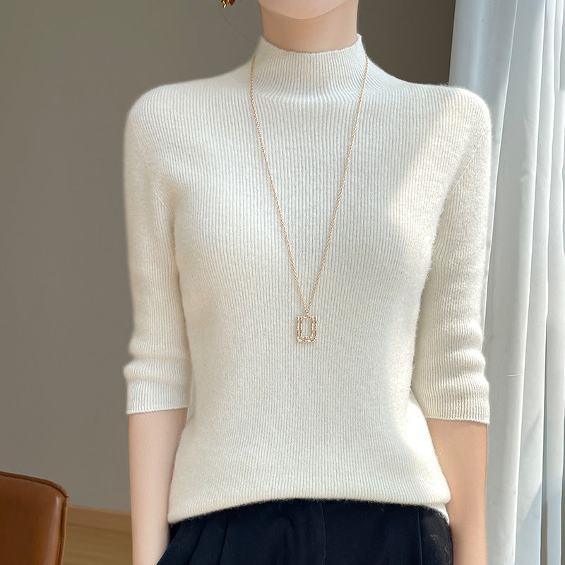 Women's Short Sleeve Mock Neck Sweater with Fluffy Angora Look Chichicherry