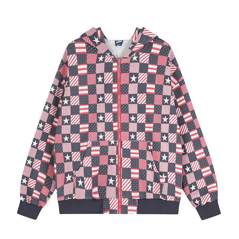 Women’s zip hoodie with allover patchwork stars and stripes pattern Chichicherry