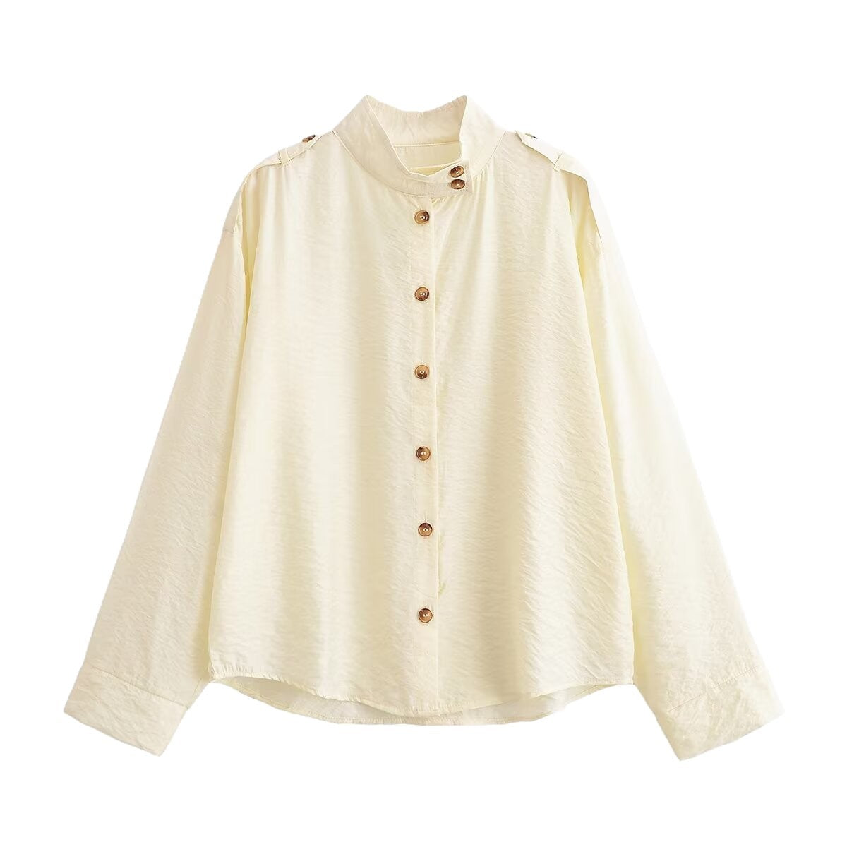 Women's Loose Silk-like Shirt with Stand Collar and Shoulder Straps Chichicherry