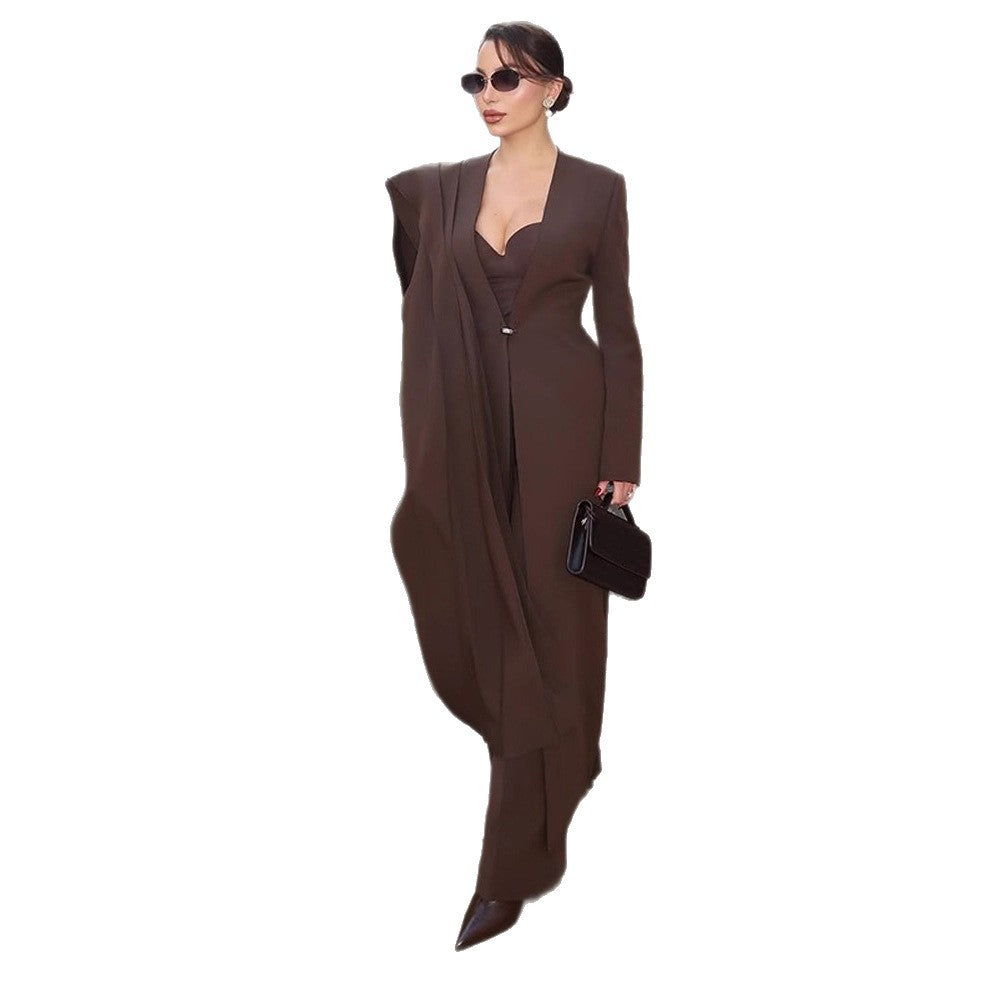 Women Elegant Coat Dress with Cape Shoulder and Tailored Silhouette Chichicherry
