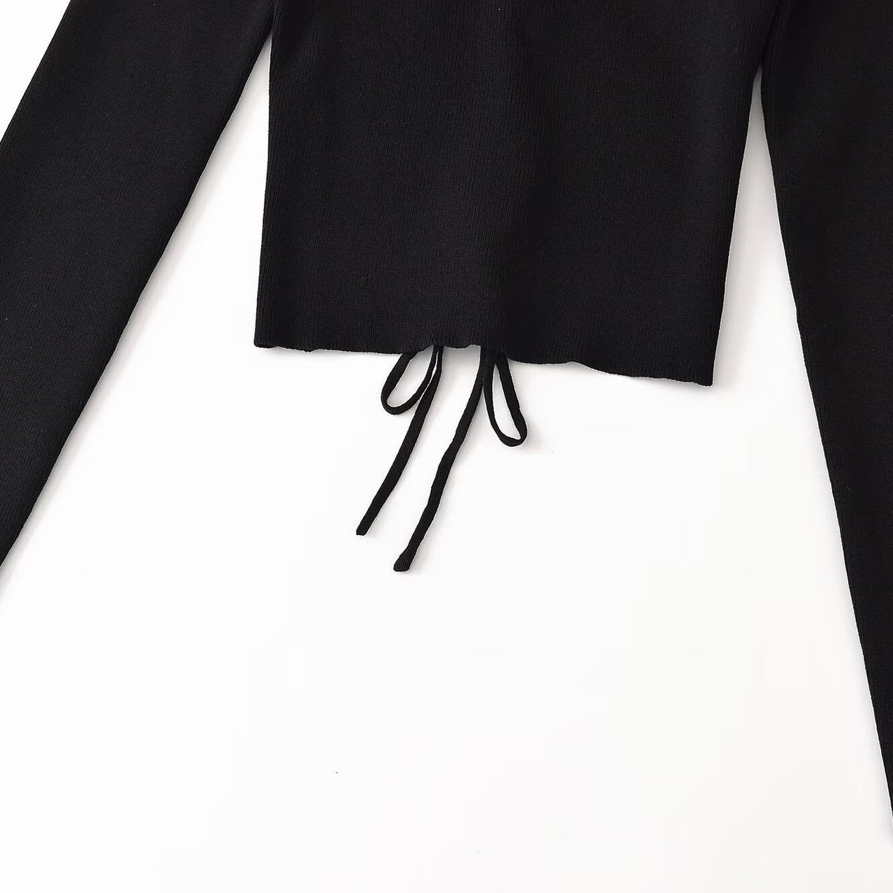 Women's Cropped Fine Knit Top with Deep V-Neck, Decorative Lacing Front and Drawstring Hem