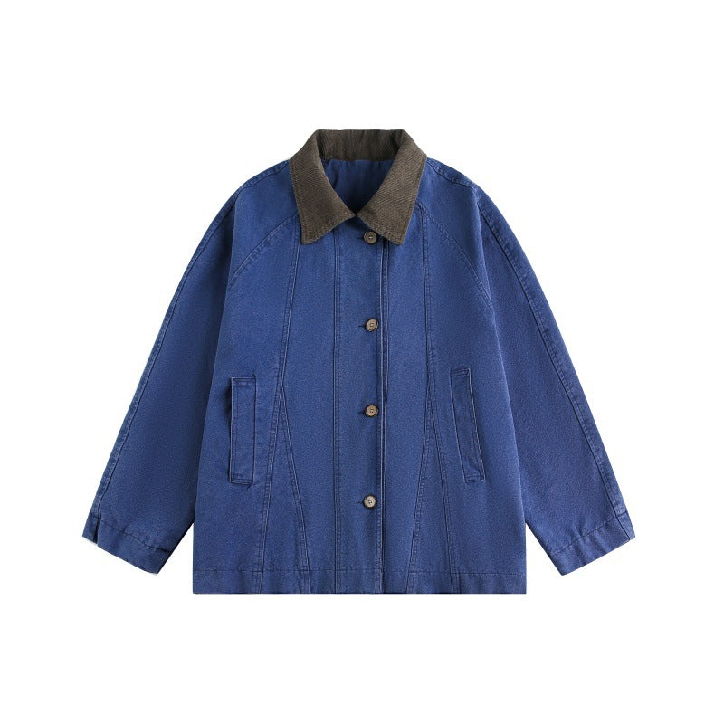 Unisex Short Cut Boxy Denim Jacket with Cord Collar and Tonal Decorative Stitches Chichicherry