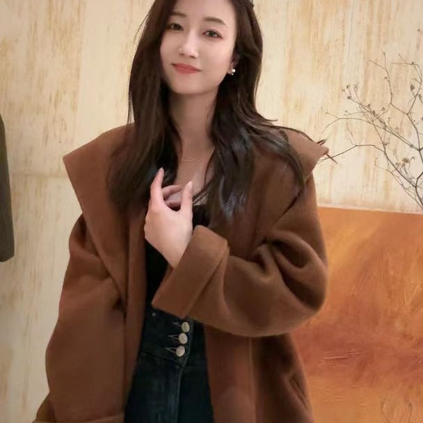 Women's Short Wool Coat with Waist Belt and Oversized Sleeves Chichicherry