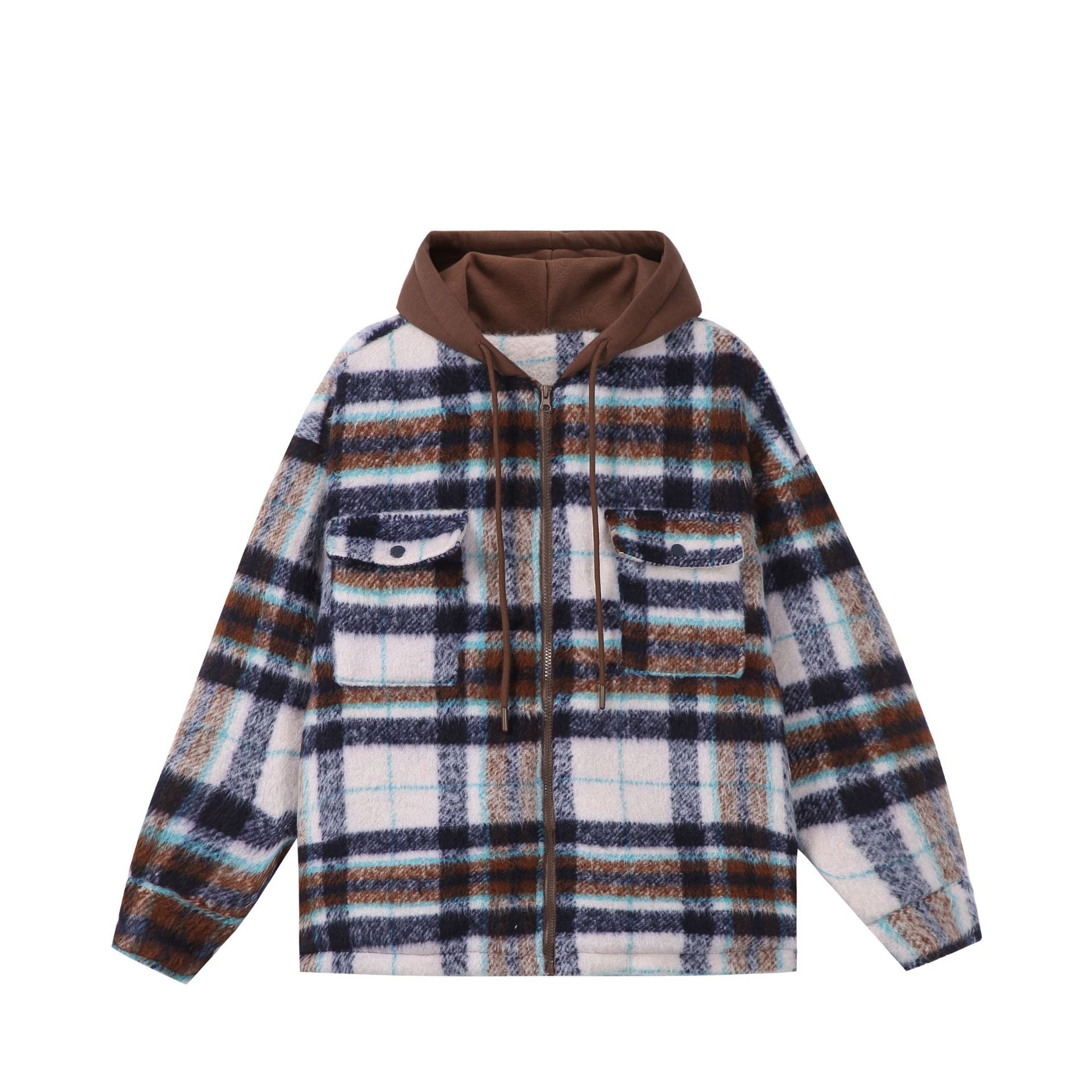 Unisex short cut plaid faux fur jacket with hood and zipper Chichicherry
