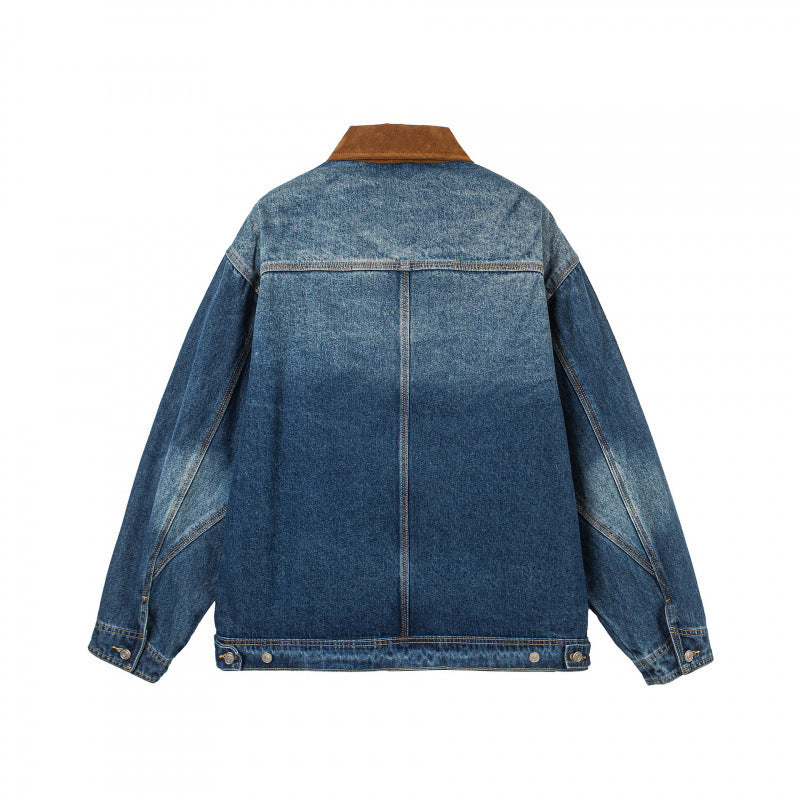 Men's Oversized Denim Jacket with Cord Collar and Diagonal Chest Pocket Detail Chichicherry