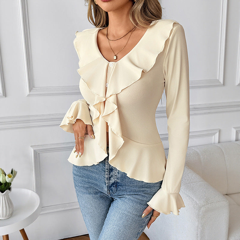 Women Tailored Ruffle Blouse with V-Neck and Ruffle Trim Chichicherry