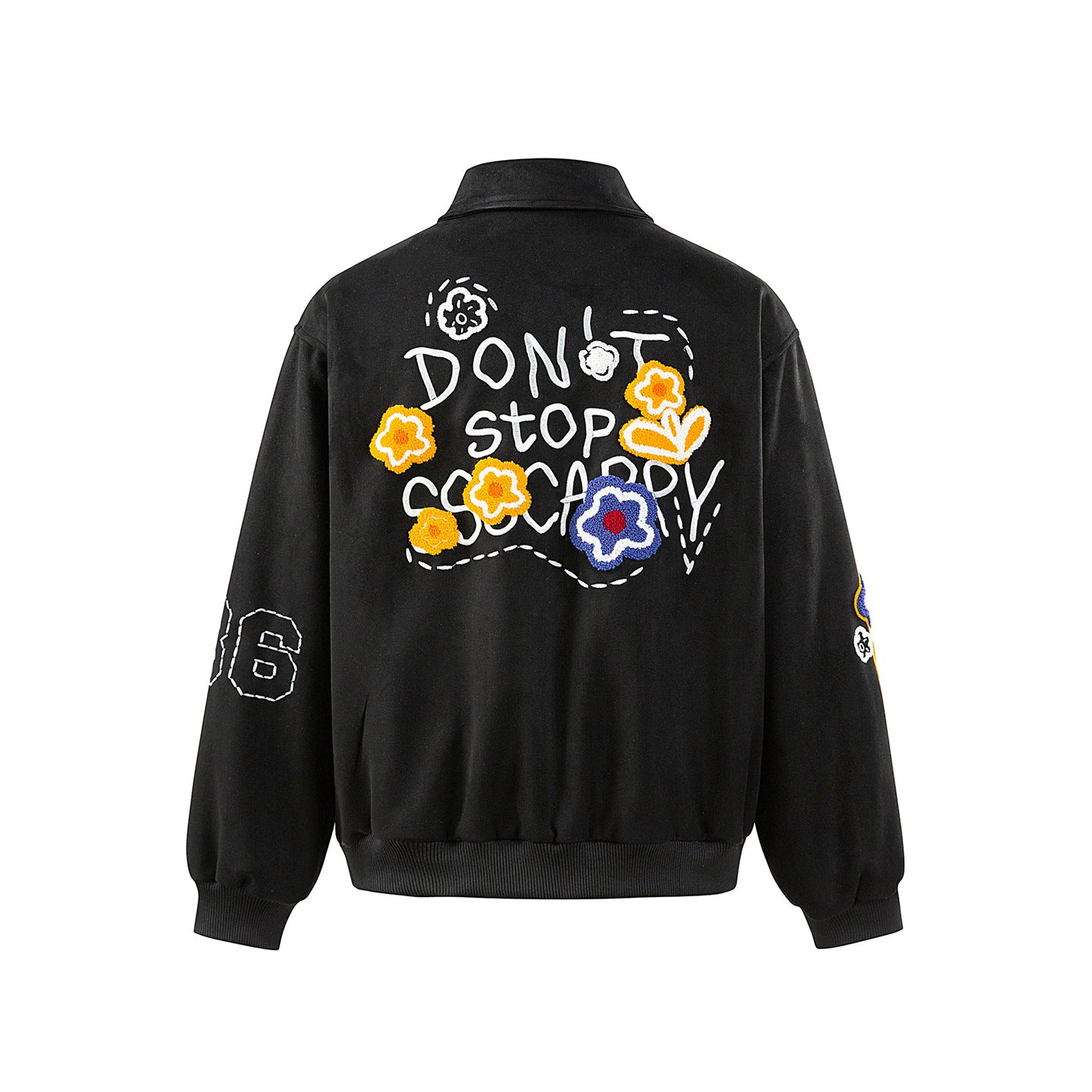 Unisex Boxy Blouson Jacket with Embroidered Floral Patches and Elastic Hem Chichicherry