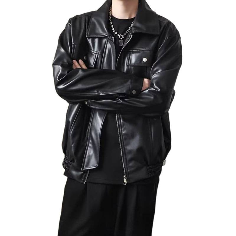 Herren Kurz geschnittene Oversized Kunstleder-Utility-Jacke mit Brustklappen und durchgehendem Reißverschluss Chichicherry