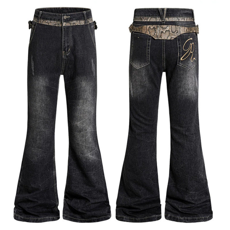 Women's High Waisted Flared Jeans with Adjustable Hip Straps and Vintage Wash Chichicherry
