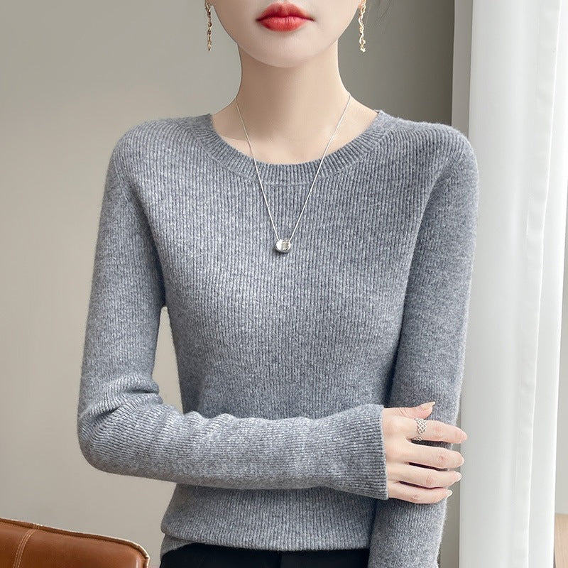 Women's Tailored Round Neck Sweater in Fine Ribbed Cashmere Look Chichicherry