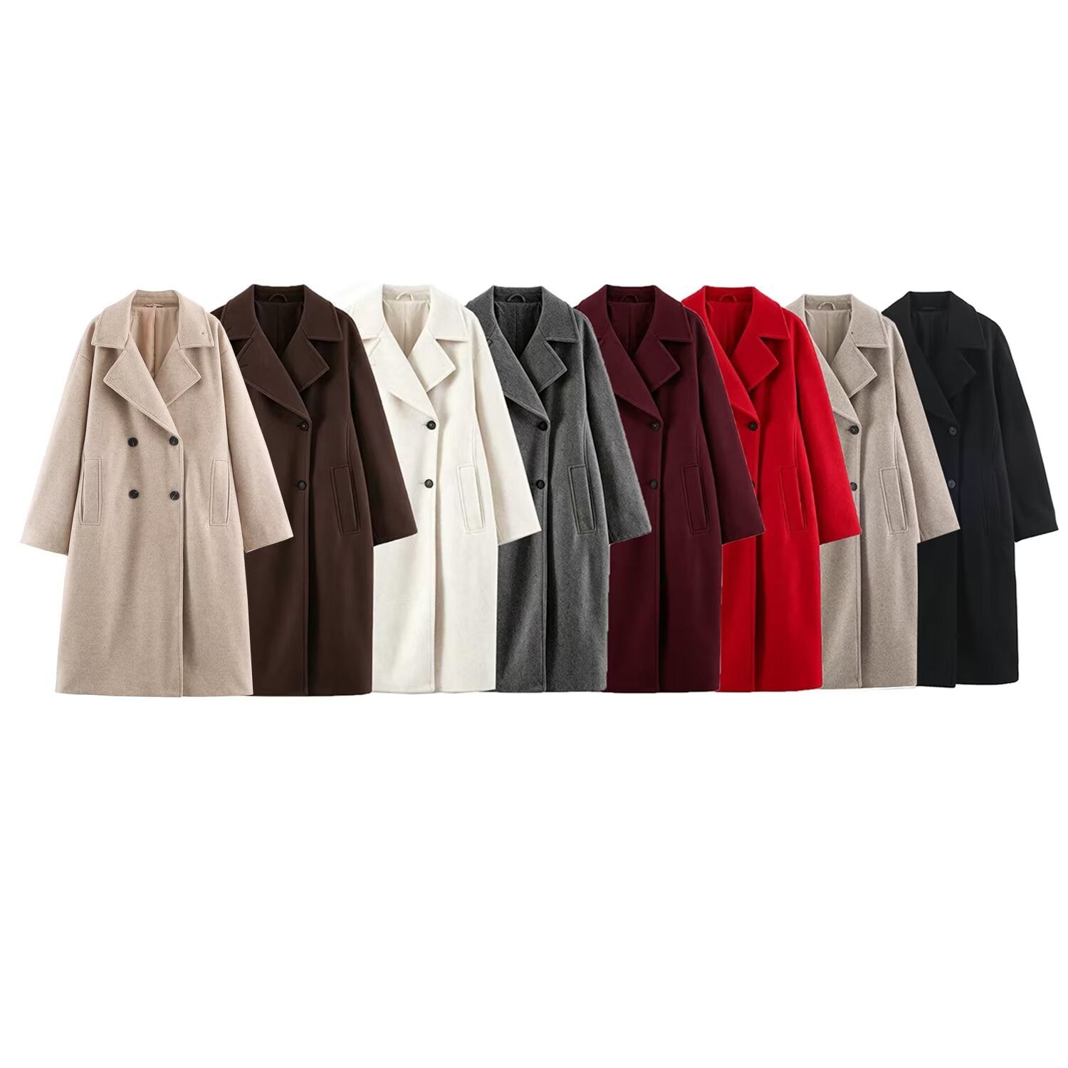Women Mid-Length Wool Blend Double-Breasted Coat with Wide Lapels and Side Pockets Chichicherry