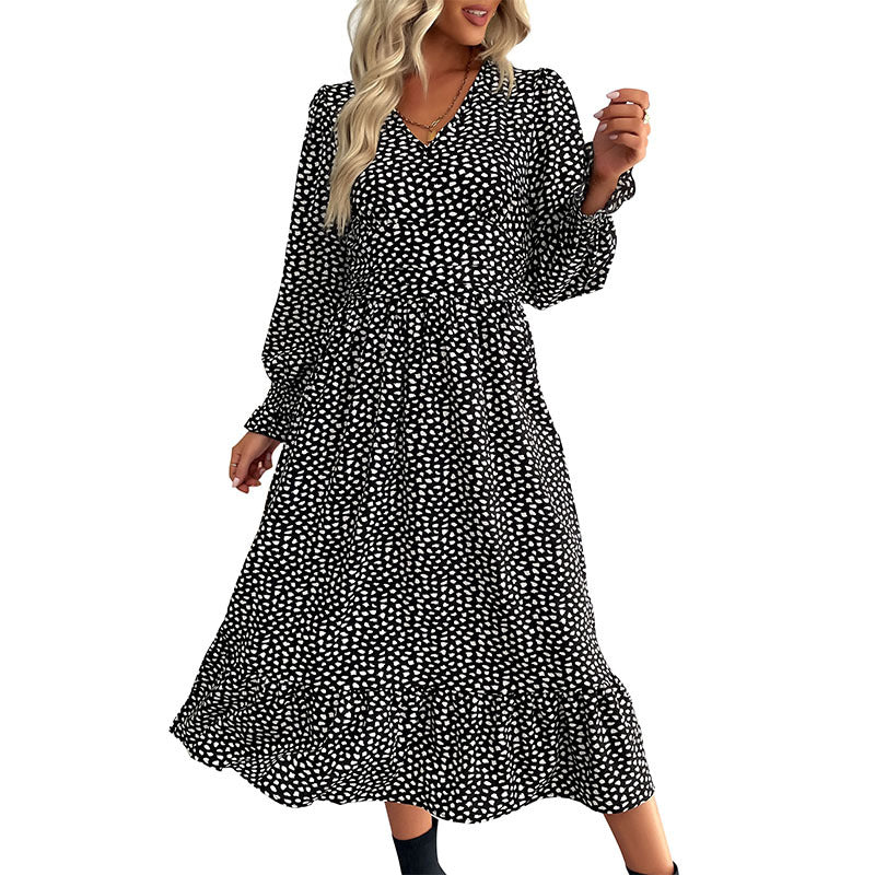 Women's midi dress with V-neck, gathered waist and long puff sleeves Chichicherry