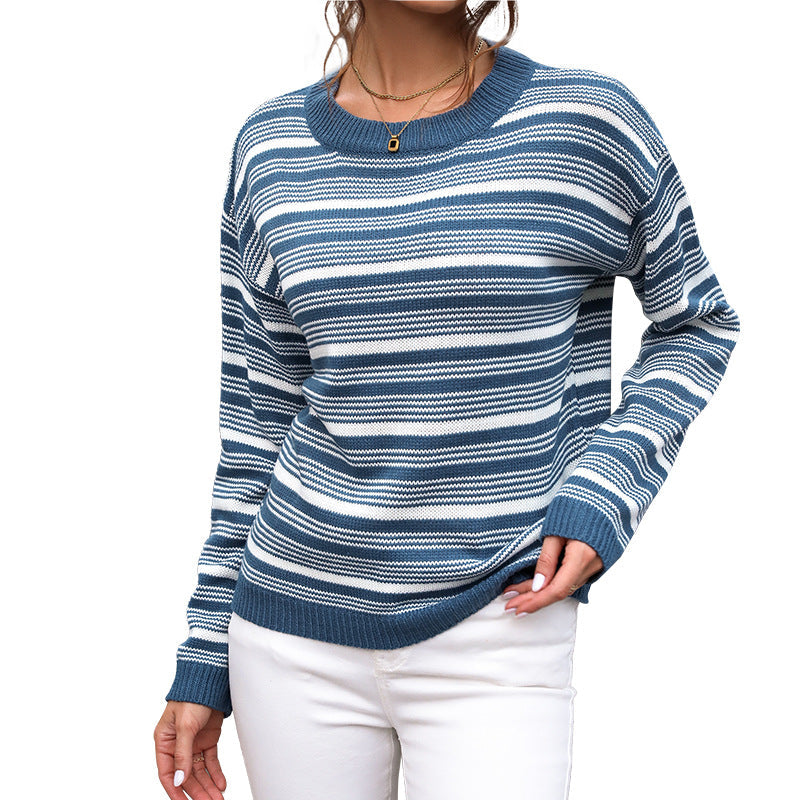 Women's Striped Fine Knit Sweater with Round Neck, Relaxed Fit and Ribbed Cuffs Chichicherry