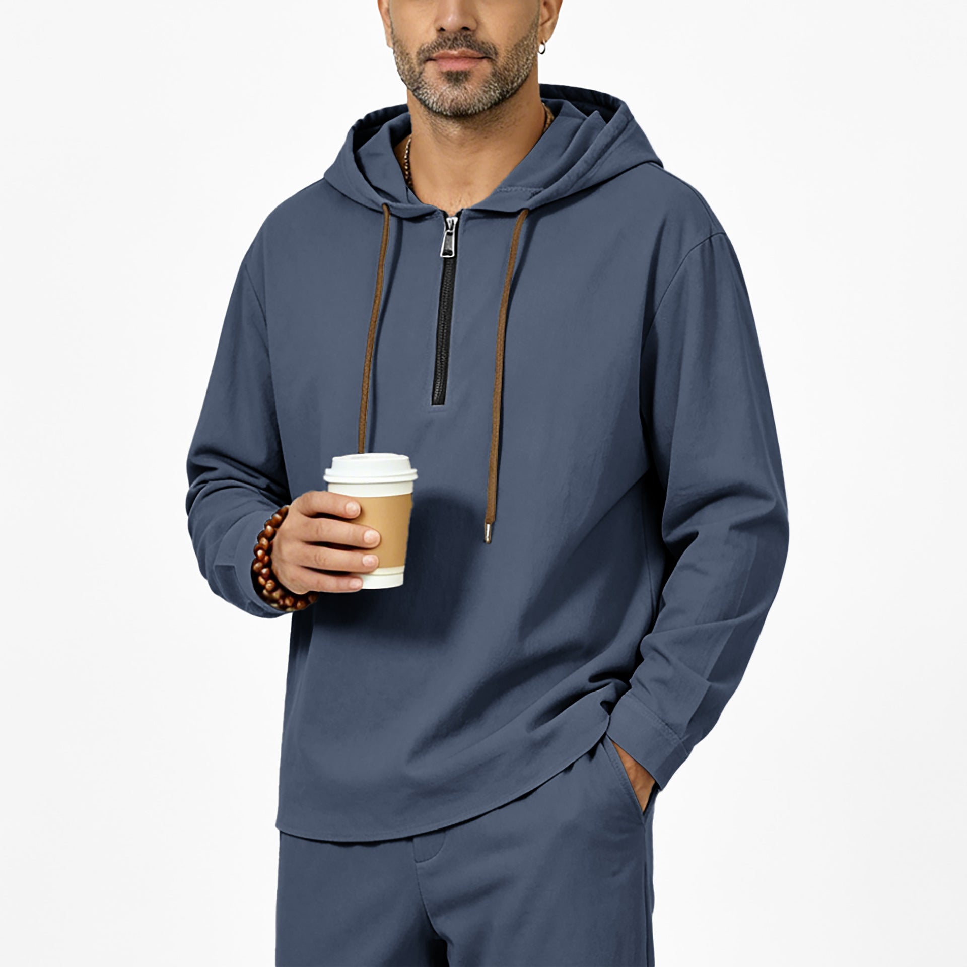 Men's hoodie with half zip, drawstring and rounded hem Chichicherry