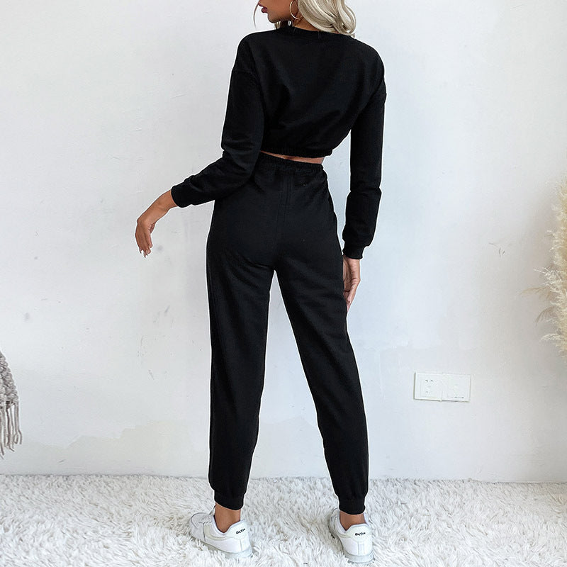 Women's Cropped Loungewear Set with Twist Top and High-Waisted Jogging Pants Chichicherry