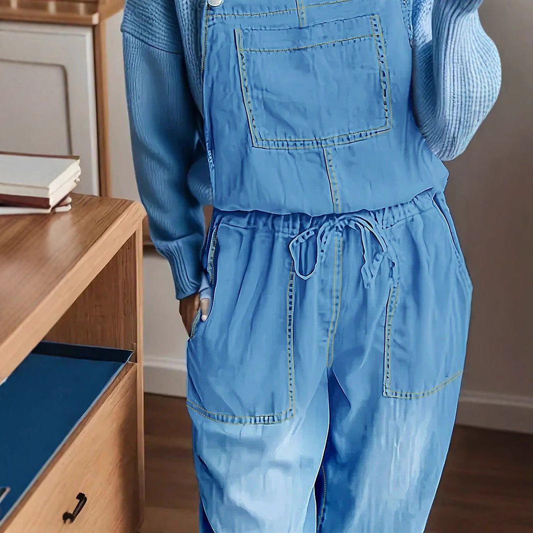 Women's overall jumpsuit made of lightweight denim with a drawstring waistband, patch pockets, and turned-up hem Chichicherry