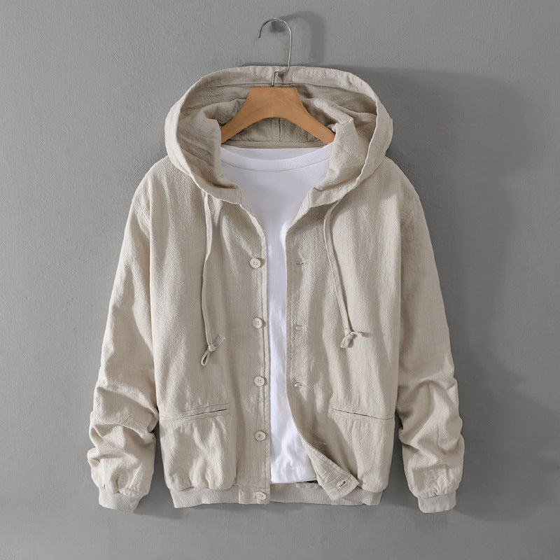 Men's Lightweight Linen Hoodie Jacket with Button Placket and Drawstring Chichicherry