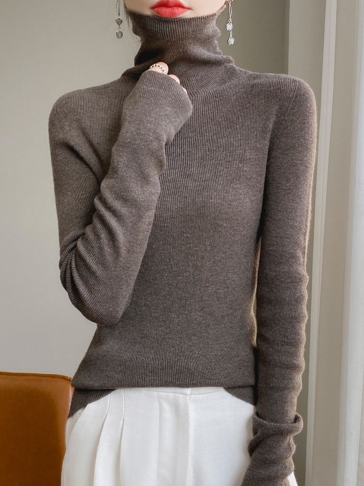 Women's Narrow Turtleneck Fine Knit Sweater with Elastic Rib Structure and Minimalist Silhouette Chichicherry