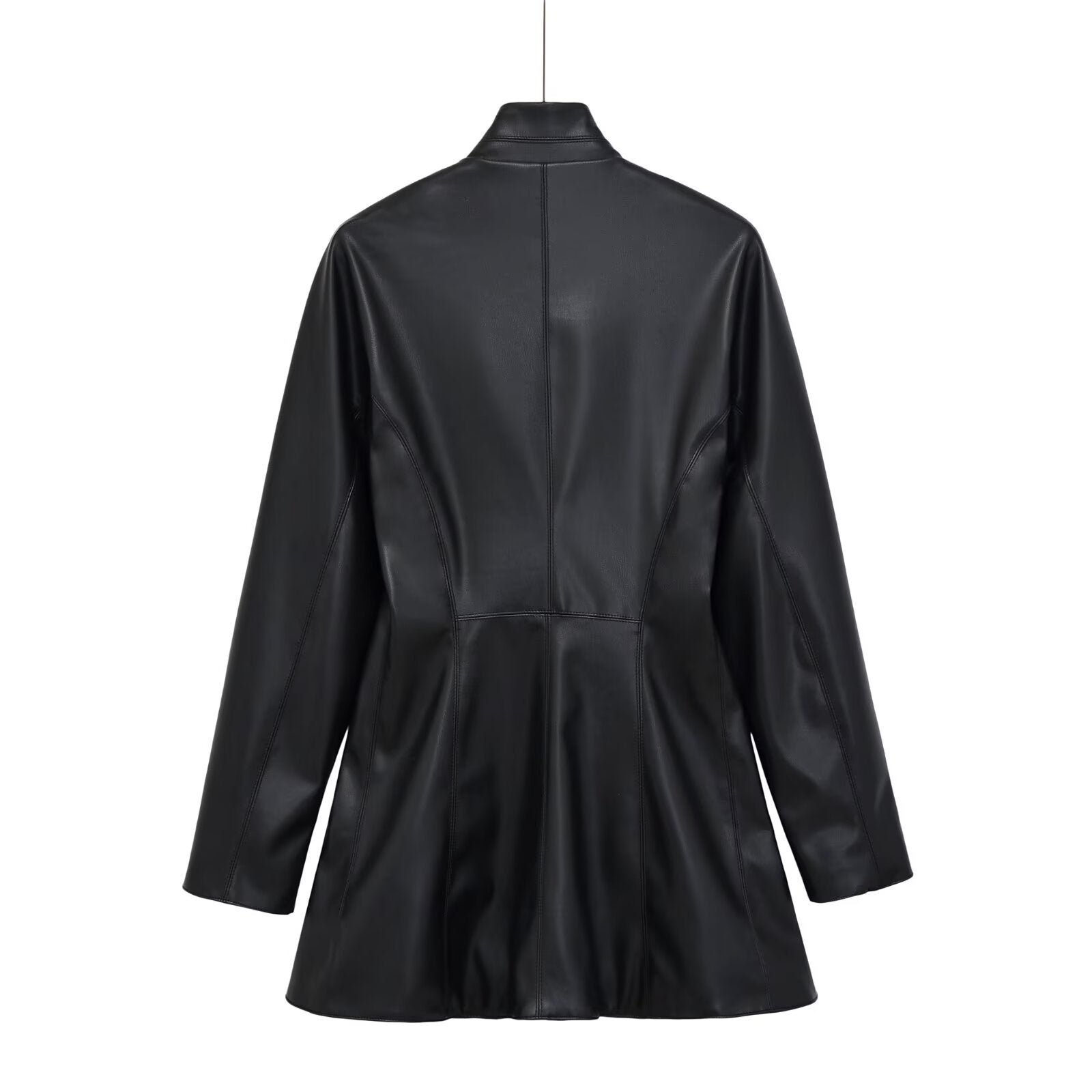 Women's tailored double-breasted faux leather midi coat with shawl collar and patch pockets Chichicherry